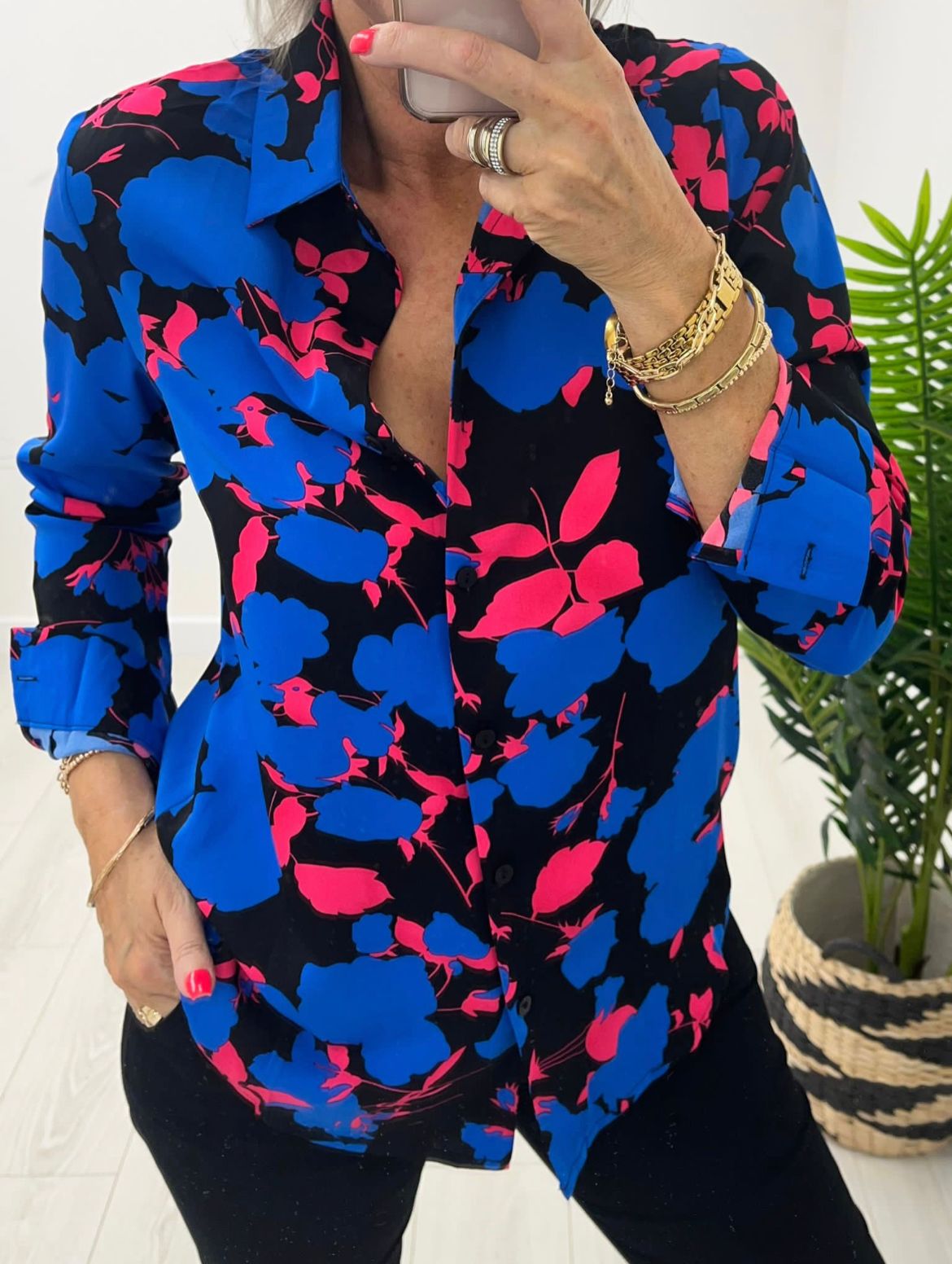 Kyla regular shirt with cuff & collar-Blue/Pink