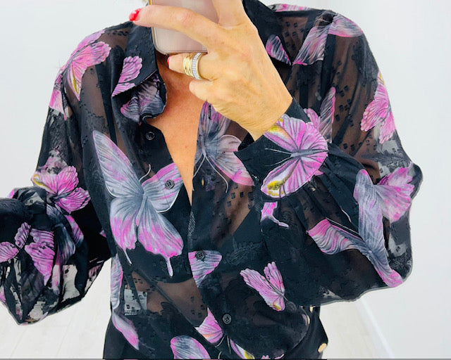 Kyla Black & Purple Butterfly Chiffon Shirt