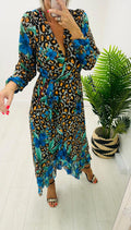 Kyla Dress, Faux wrap, elastic waist LS in Leopard Mix