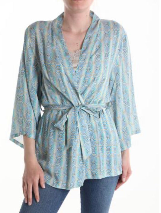 Fashion PO Kimono swirl pattern with self belt-Blue Mix