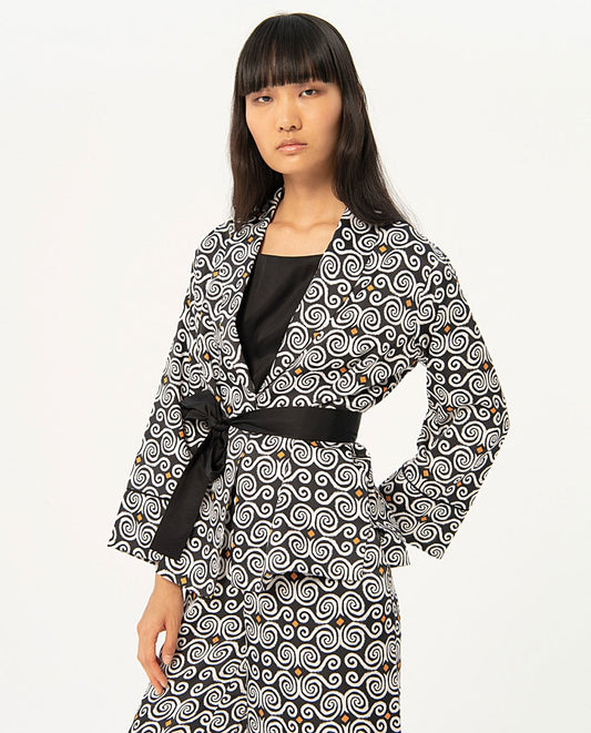 Surkana Kimono style jacket in printed satin-Black