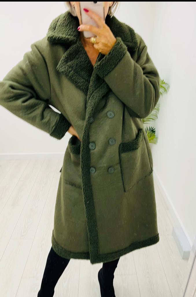 Kyla Sheepskin Style coat Double Breasted Green