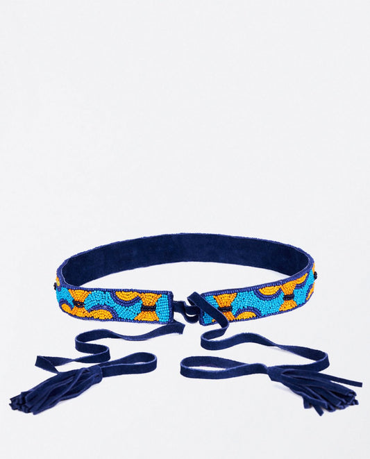 Surkana Embroidered beaded belt+bow circles-Blue