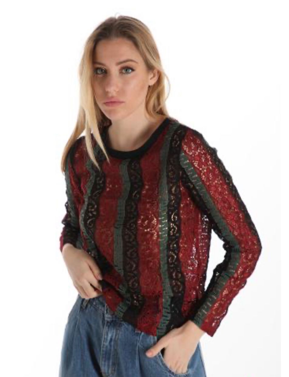 Fashion PO Lace top with rib neck & panels-Wine/Green