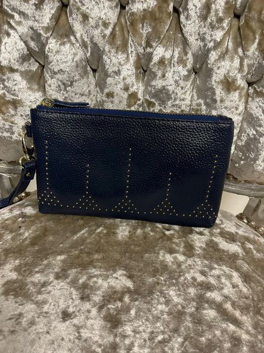 Fashion PO Leather Small clutch with wrist strap &side  gold detail-Navy