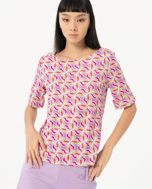 Surkana T-shirt with boat neck/elbow sleeves-Lilac