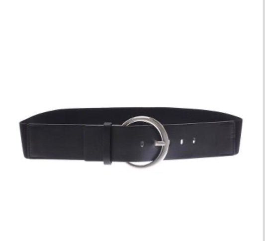Fashion PO PU elasticated belt silver buckle-Black