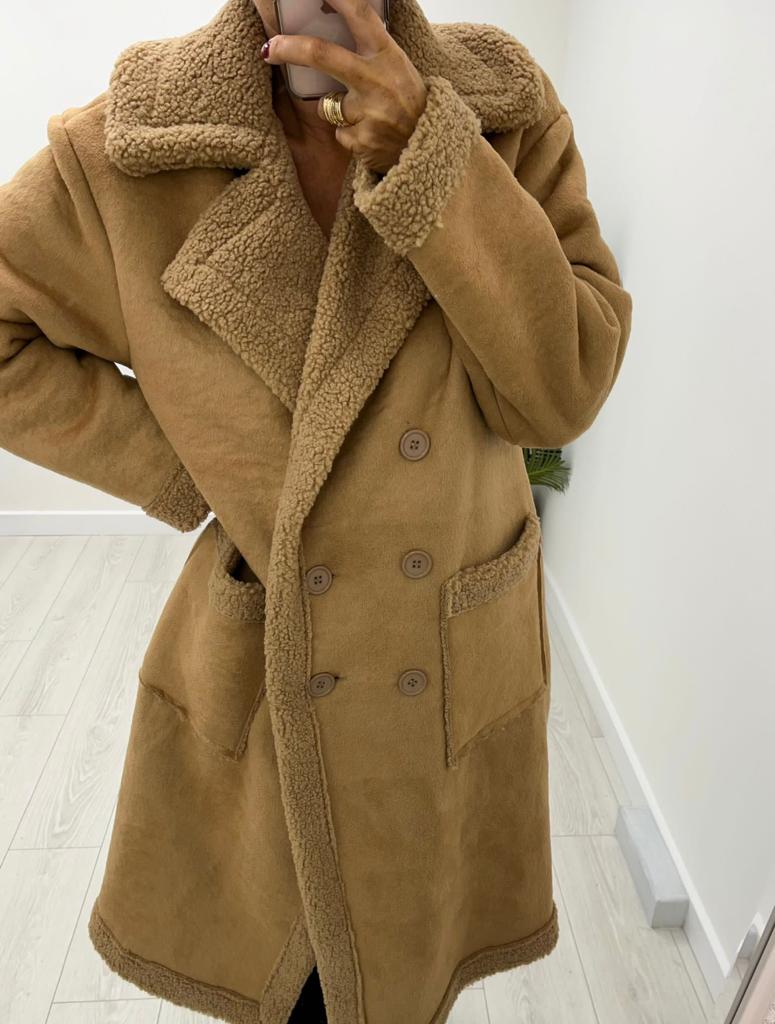 Kyla Sheepskin Style coat Double Breasted Caramel