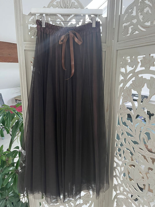 Kyla Tulle skirt with satin waist band-Chocolate
