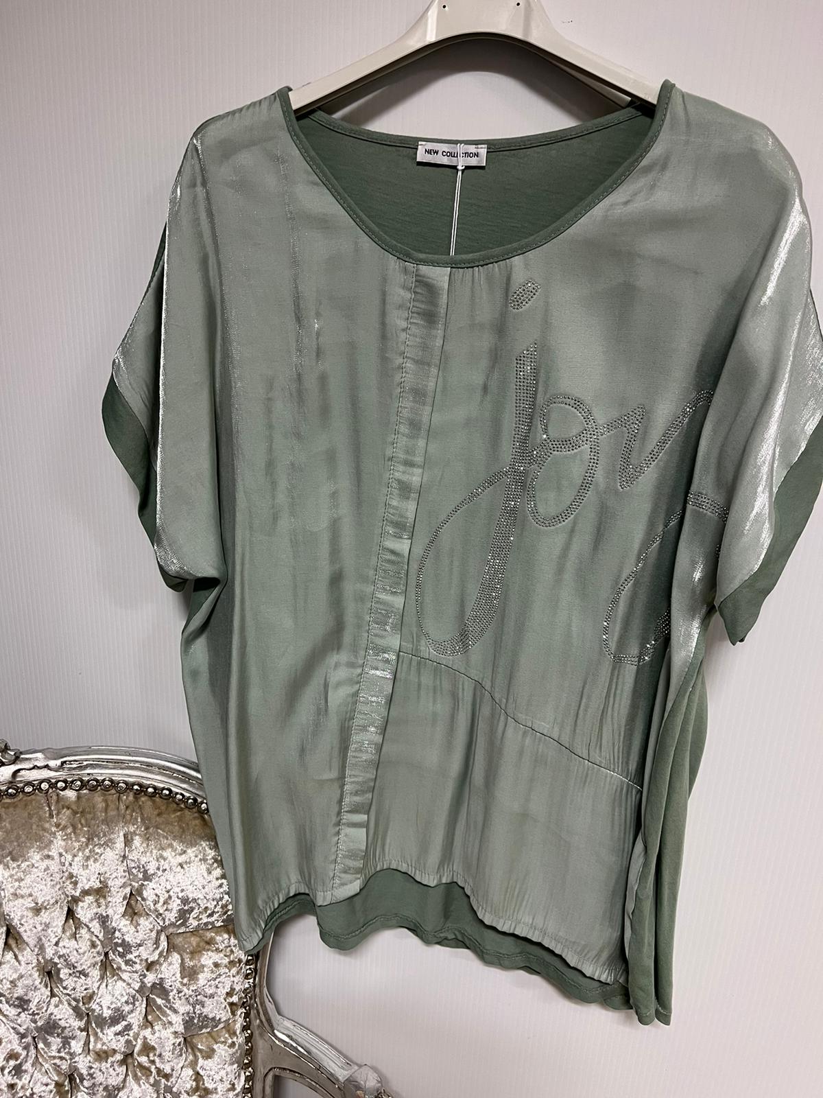 Kyla Top-Silk front with silver writing ss-Khaki