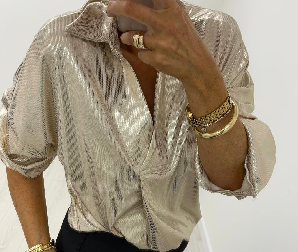 Kyla shimmer top with v neck and collar Gold