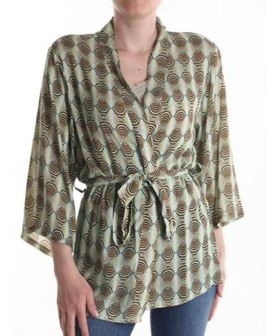 Fashion PO Kimono swirl pattern with self belt-Green Mix