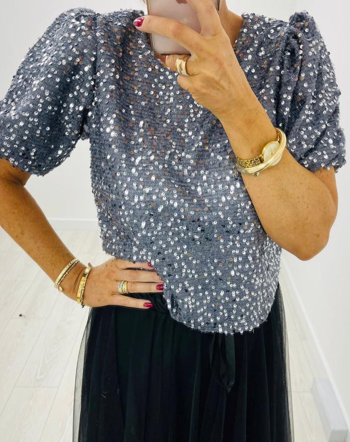 Kyla Cropped sequins top short sleeve Silver