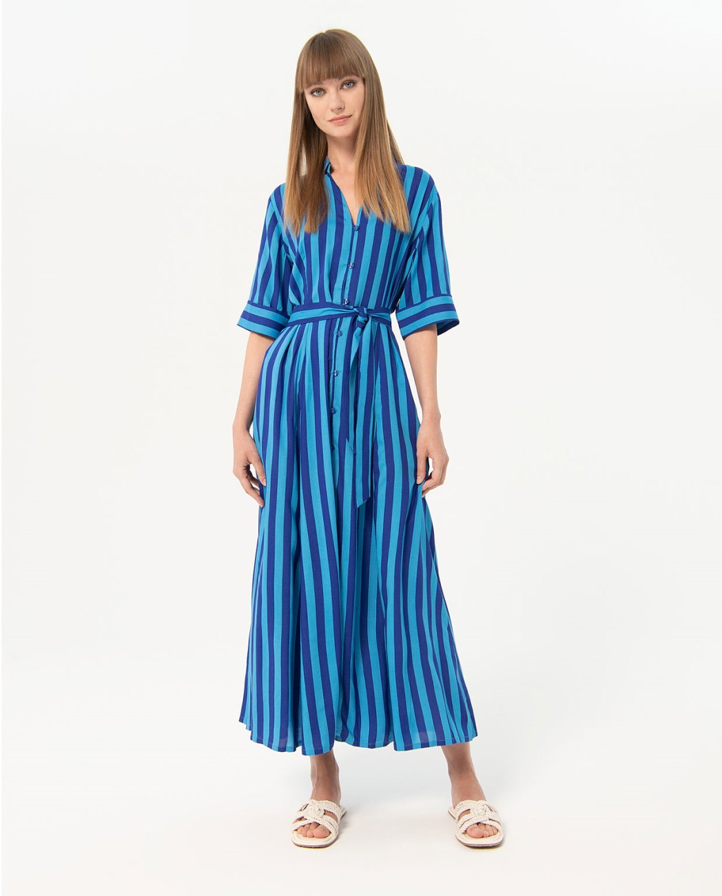 Surkana Long shirt dress with elbow sleeves-Blue