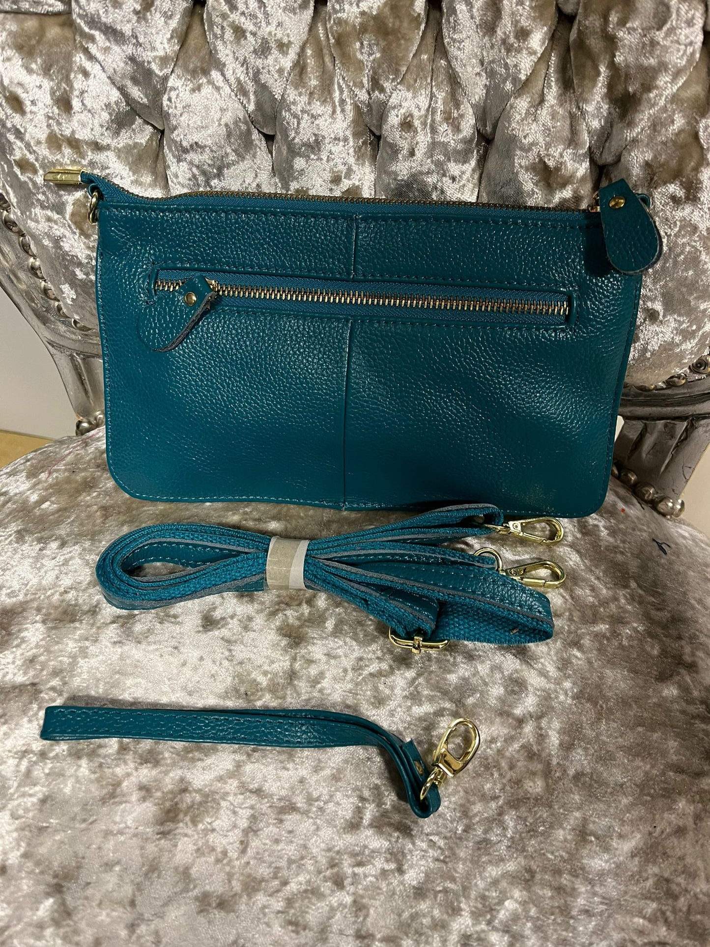 Fashion PO Leather envelope with cuff & long strap & side zip-Teal